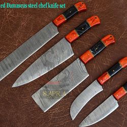 handcrafted forged damascus steel best chef knives set with leather roll carry bag
