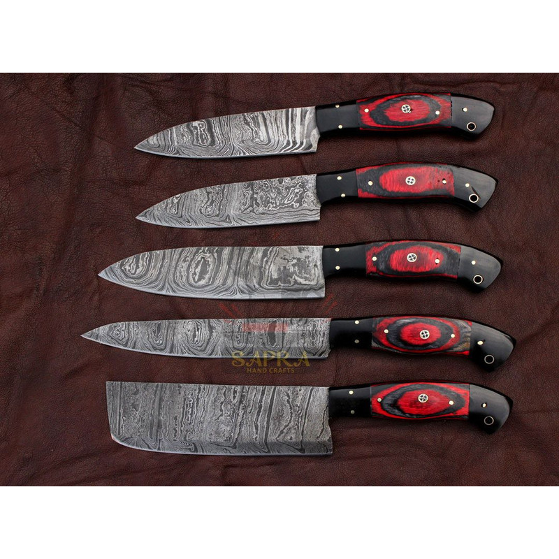 Handmade Forged Damascus Steel Best Kitchen Chef Knives Set With Leather Bag 4