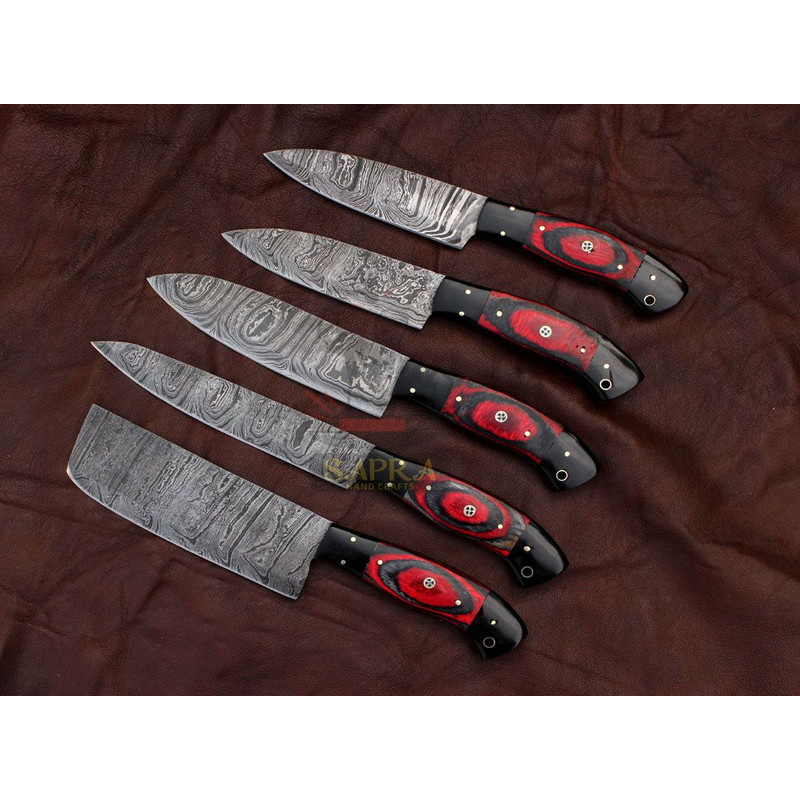 Handmade Forged Damascus Steel Best Kitchen Chef Knives Set With Leather Bag 5