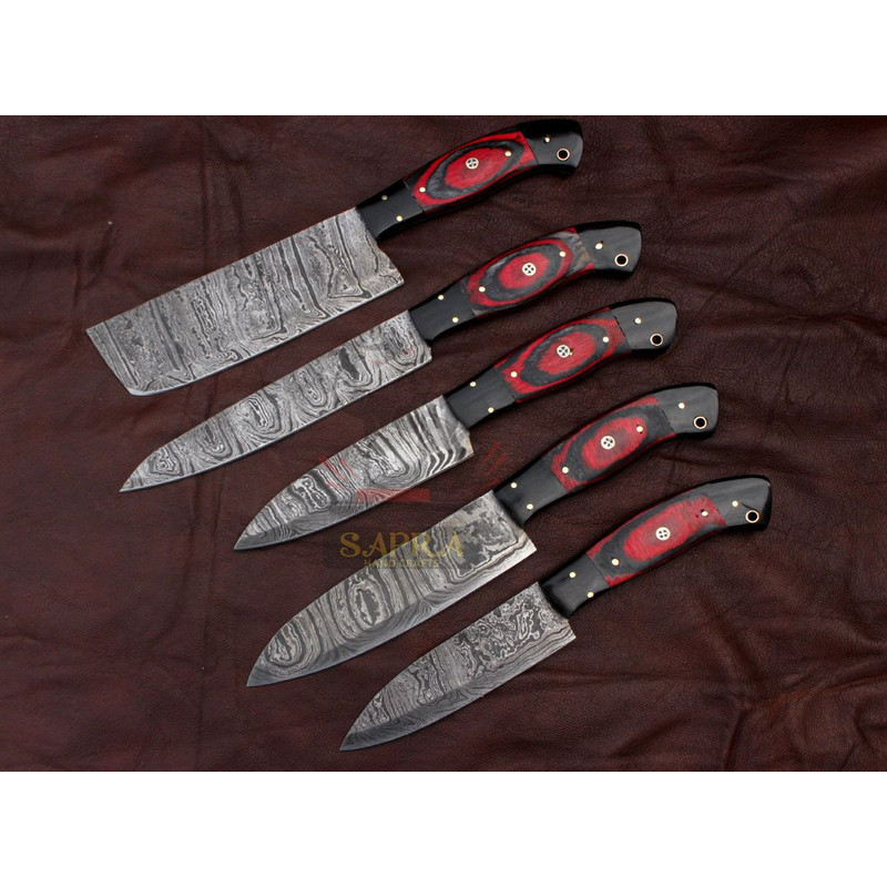 Handmade Forged Damascus Steel Best Kitchen Chef Knives Set With Leather Bag 6