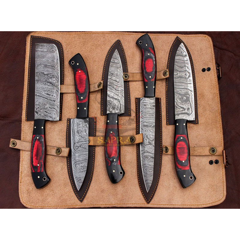 Handmade Forged Damascus Steel Best Kitchen Chef Knives Set With Leather Bag 0