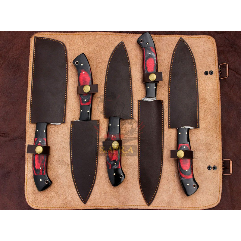 Handmade Forged Damascus Steel Best Kitchen Chef Knives Set With Leather Bag 1