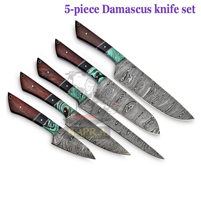 Elite 5Piece Damascus Steel Chef Knife Set Handmade Professional Kitchen Knives With Leather Roll 1