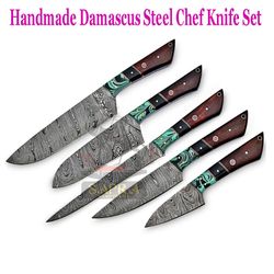 elite 5-piece damascus steel chef knife set – handmade professional kitchen knives with leather roll bag