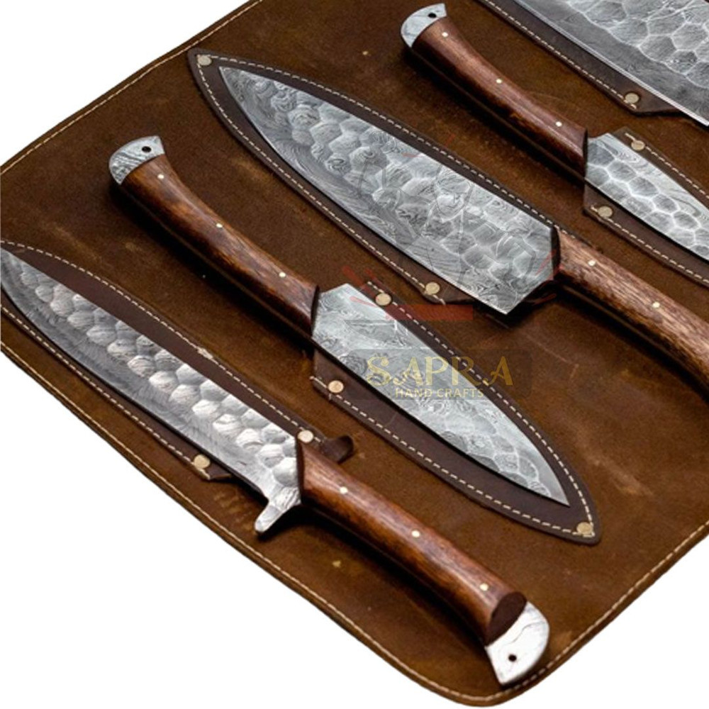 Elite 5Piece Damascus Steel Chef Knife Set  Handmade With Leather Roll Bag 2