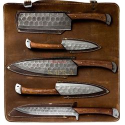 Elite 5-Piece Damascus Steel Chef Knife Set – Handmade with Leather Roll Bag