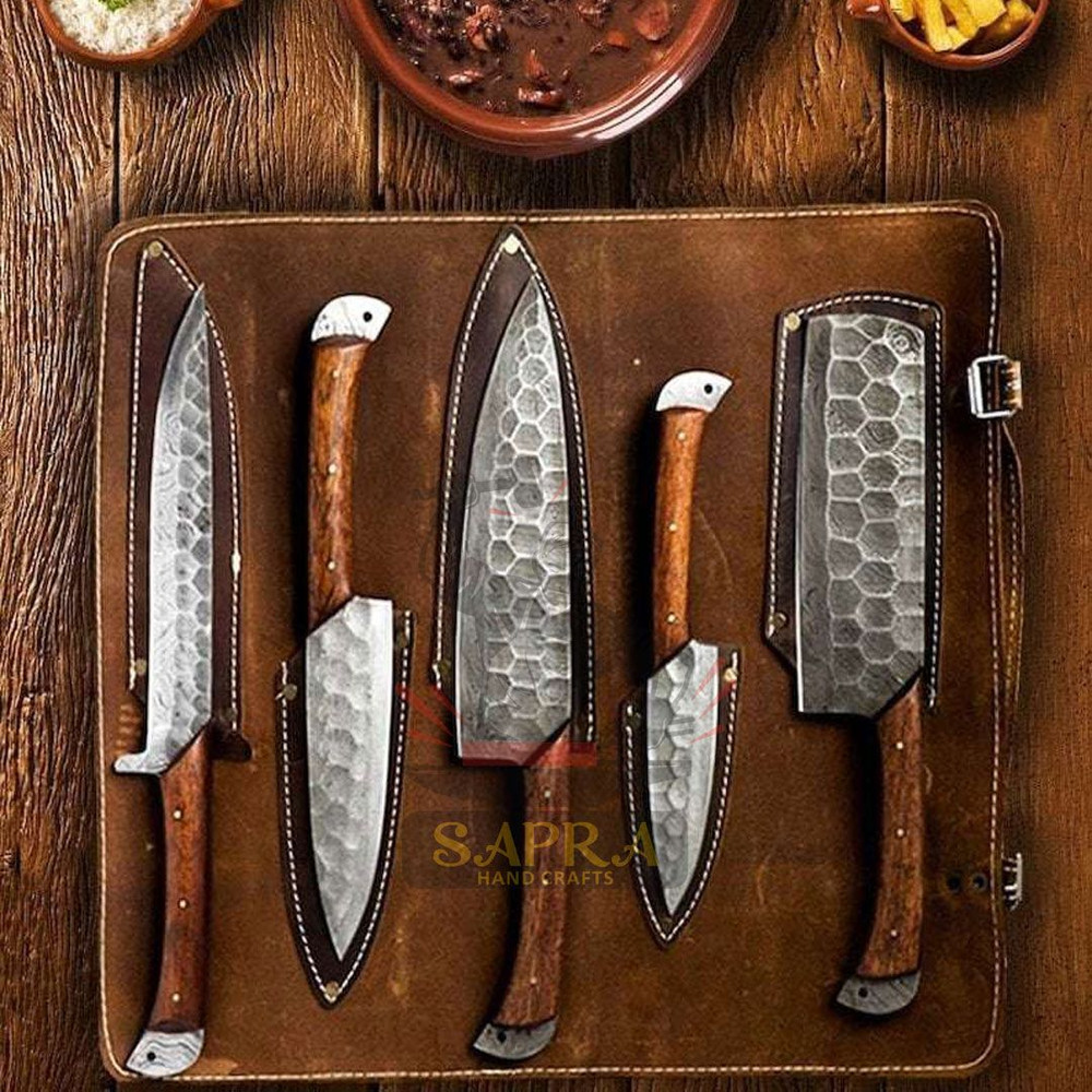 Elite 5Piece Damascus Steel Chef Knife Set  Handmade With Leather Roll Bag 1
