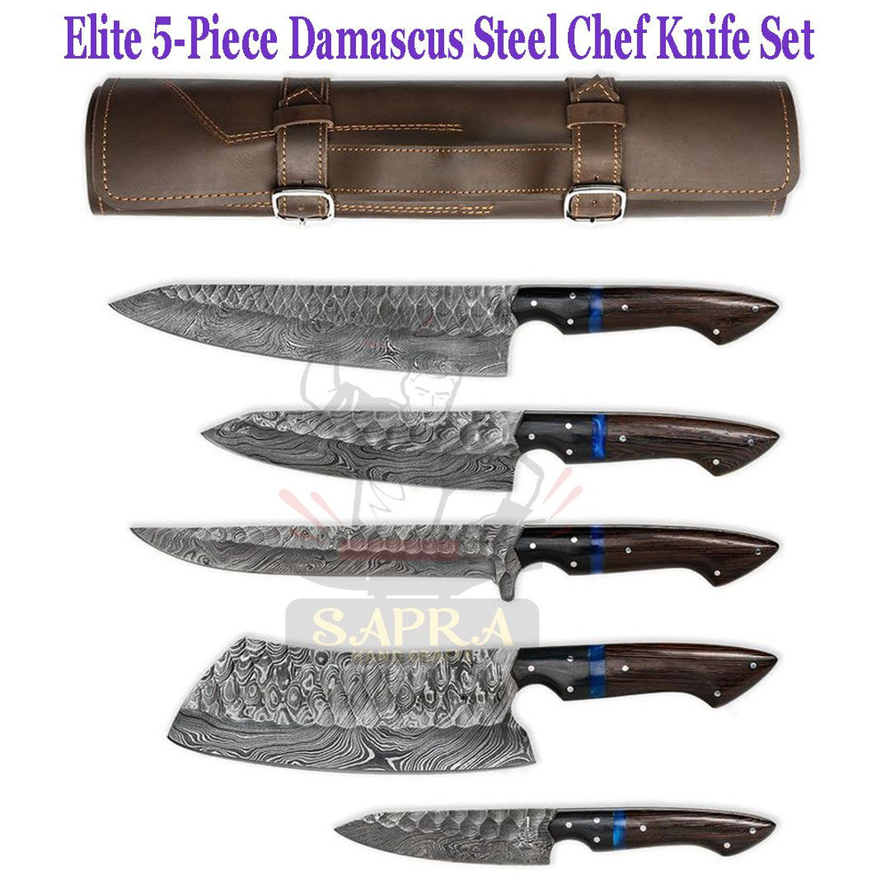 Elite 5Piece Damascus Steel Chef Knife Set  Handmade Knives Set With Leather Roll Bag 0