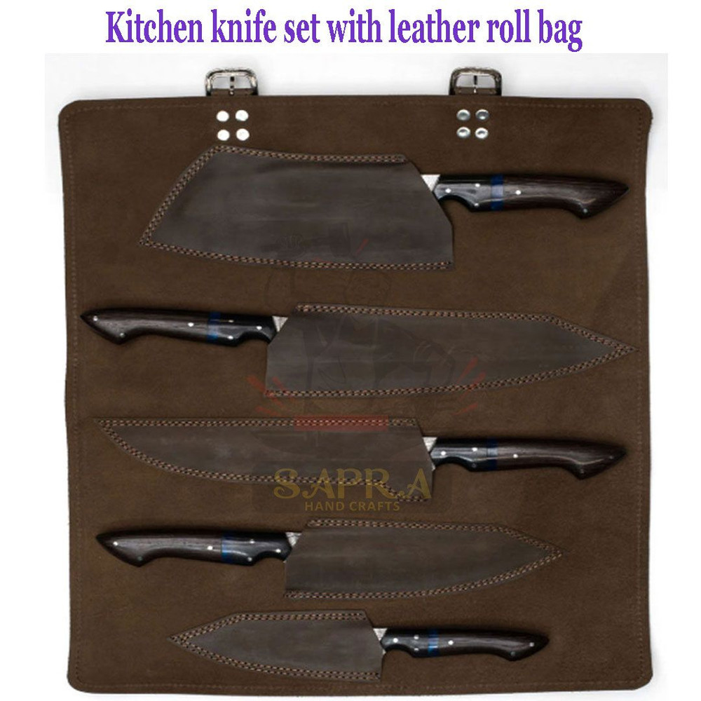 Elite 5Piece Damascus Steel Chef Knife Set  Handmade Knives Set With Leather Roll Bag 1