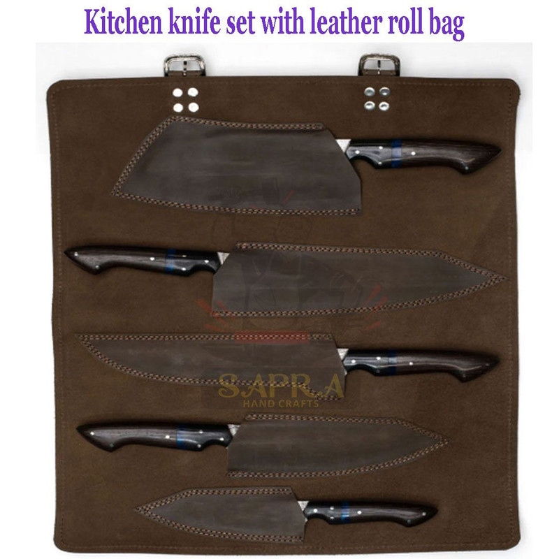 Elite 5Piece Damascus Steel Chef Knife Set  Handmade Knives Set With Leather Roll Bag 1
