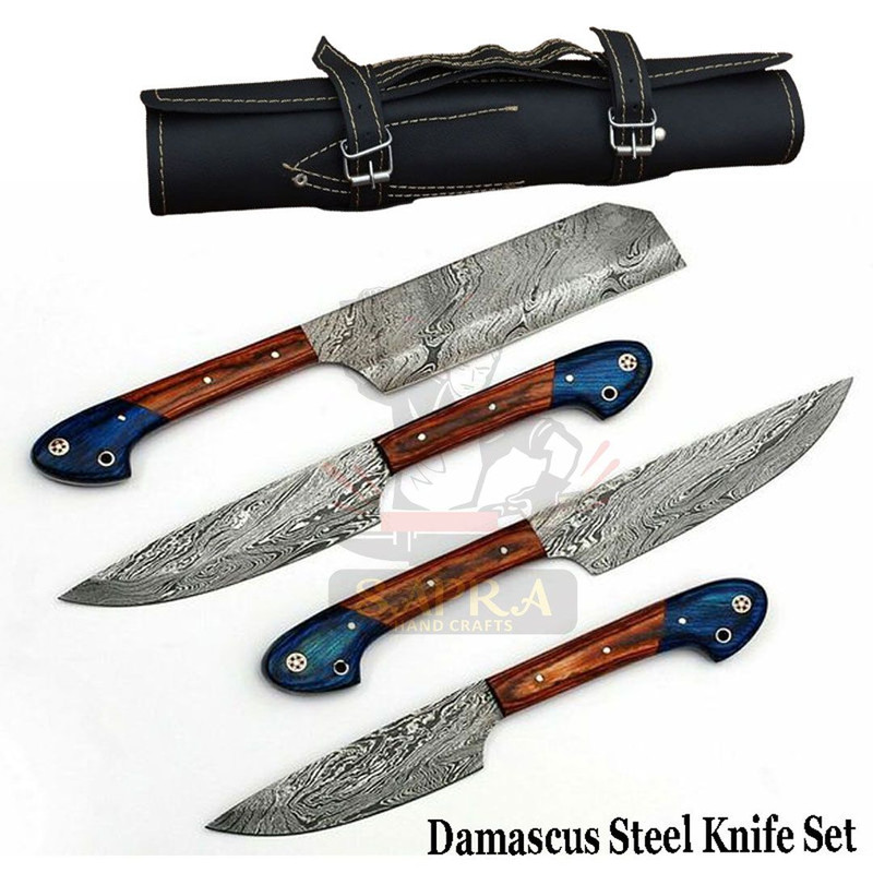 Damascus Steel Kitchen BBQ Knife Set Handmade Knives With Leather Roll Bag 1