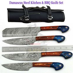 damascus steel kitchen bbq knife set – handmade knives with leather roll bag