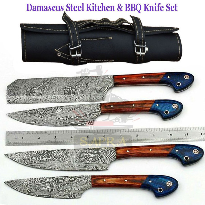 Damascus Steel Kitchen BBQ Knife Set Handmade Knives With Leather Roll Bag 0