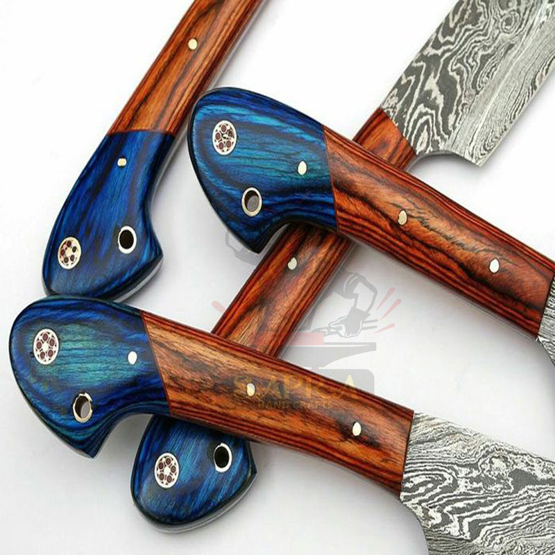 Damascus Steel Kitchen BBQ Knife Set Handmade Knives With Leather Roll Bag 2