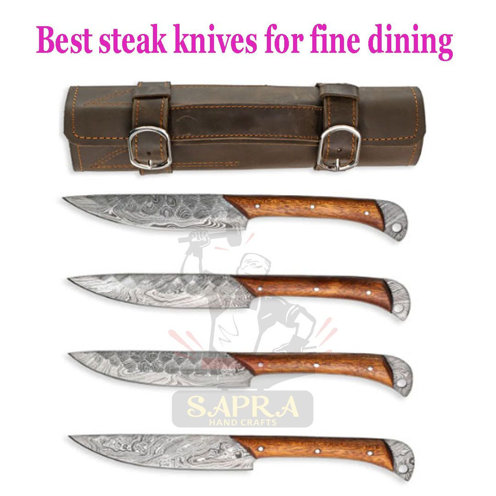 4Piece Damascus Steel Steak Knife Set Handmade Dining Knives Gift Set With Leather Roll Bag 1