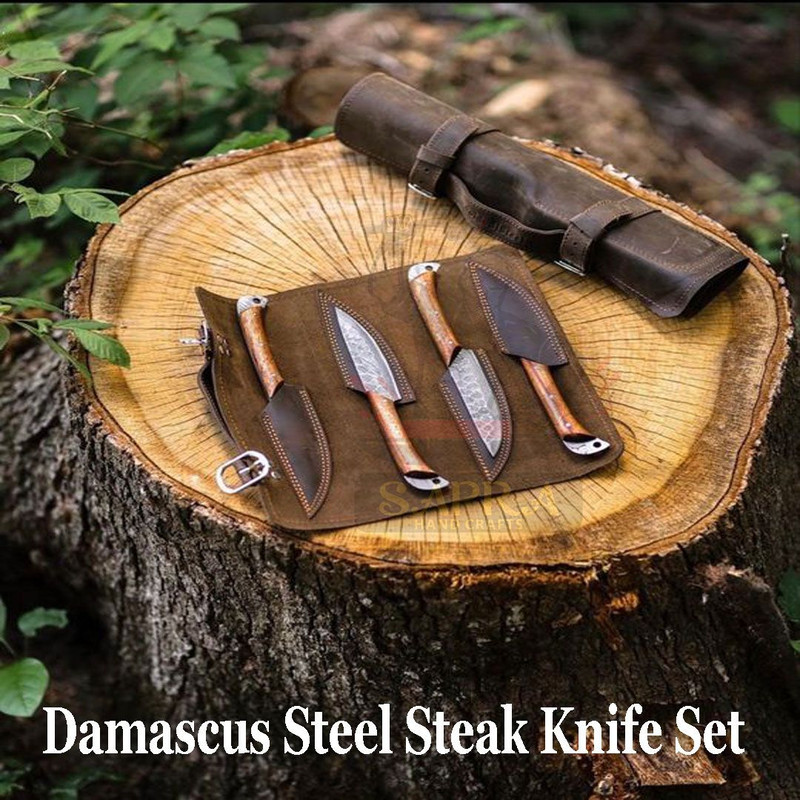 4Piece Damascus Steel Steak Knife Set Handmade Dining Knives Gift Set With Leather Roll Bag 0