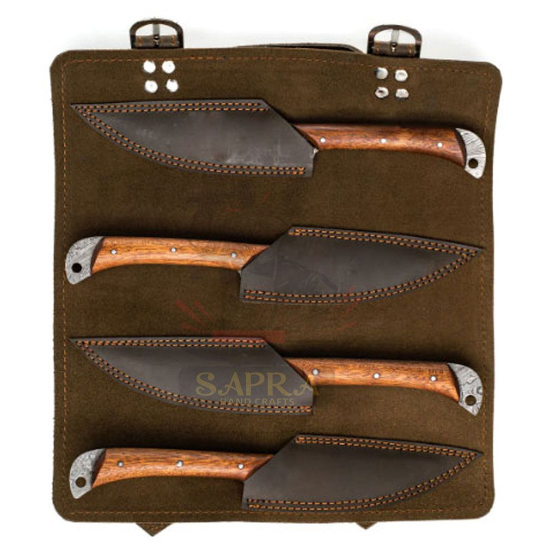4Piece Damascus Steel Steak Knife Set Handmade Dining Knives Gift Set With Leather Roll Bag 2
