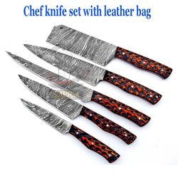 handmade damascus steel chef knife set – professional bbq & kitchen knives with leather bag