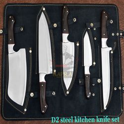 handcrafted high carbon d2 steel kitchen knife set with leather roll bag