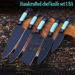 handcrafted high carbon powder-coated d2 steel kitchen knife set with leather roll bag