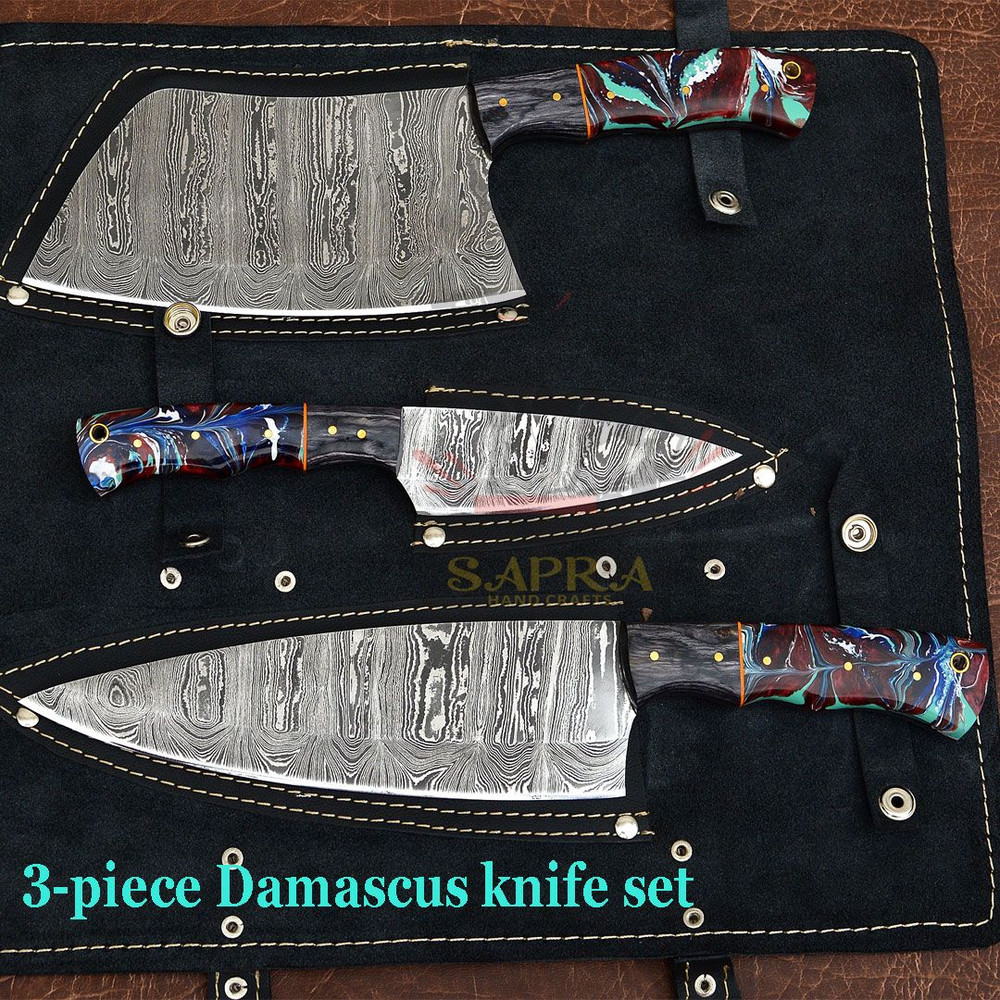Handcrafted 3Piece Damascus Steel Kitchen Knife Set With Leather Roll Bag 1