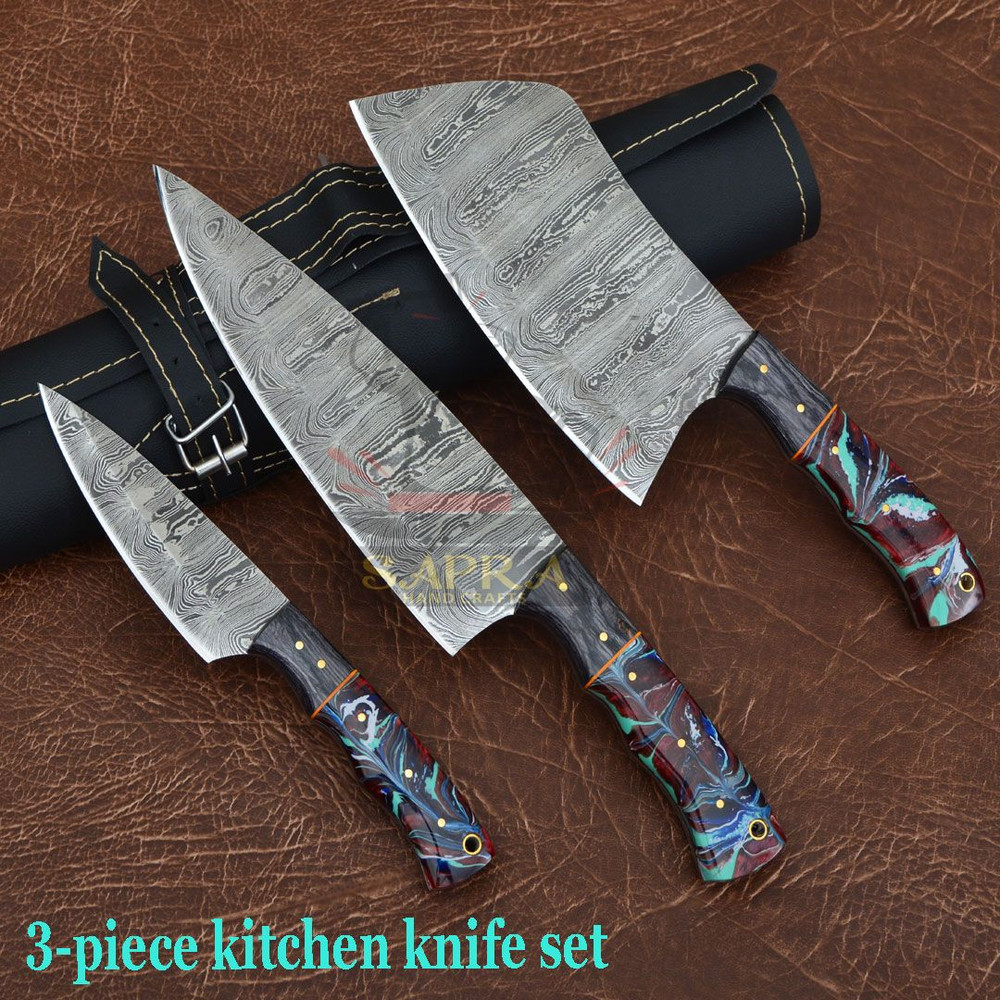 Handcrafted 3Piece Damascus Steel Kitchen Knife Set With Leather Roll Bag 0