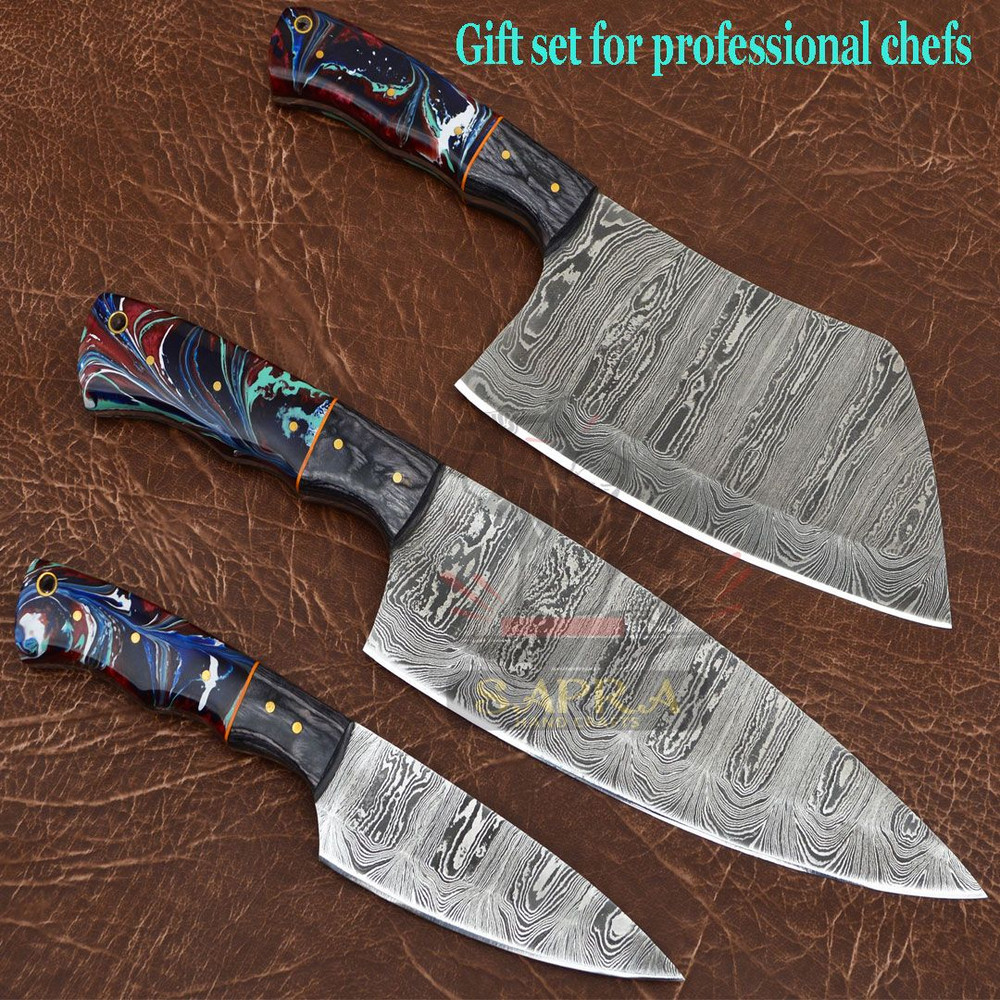 Handcrafted 3Piece Damascus Steel Kitchen Knife Set With Leather Roll Bag 2