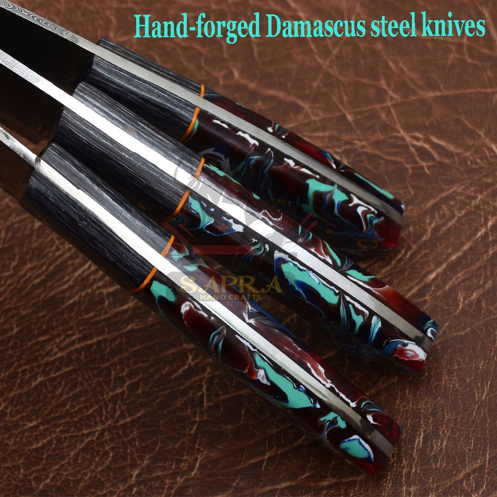 Handcrafted 3Piece Damascus Steel Kitchen Knife Set With Leather Roll Bag 3