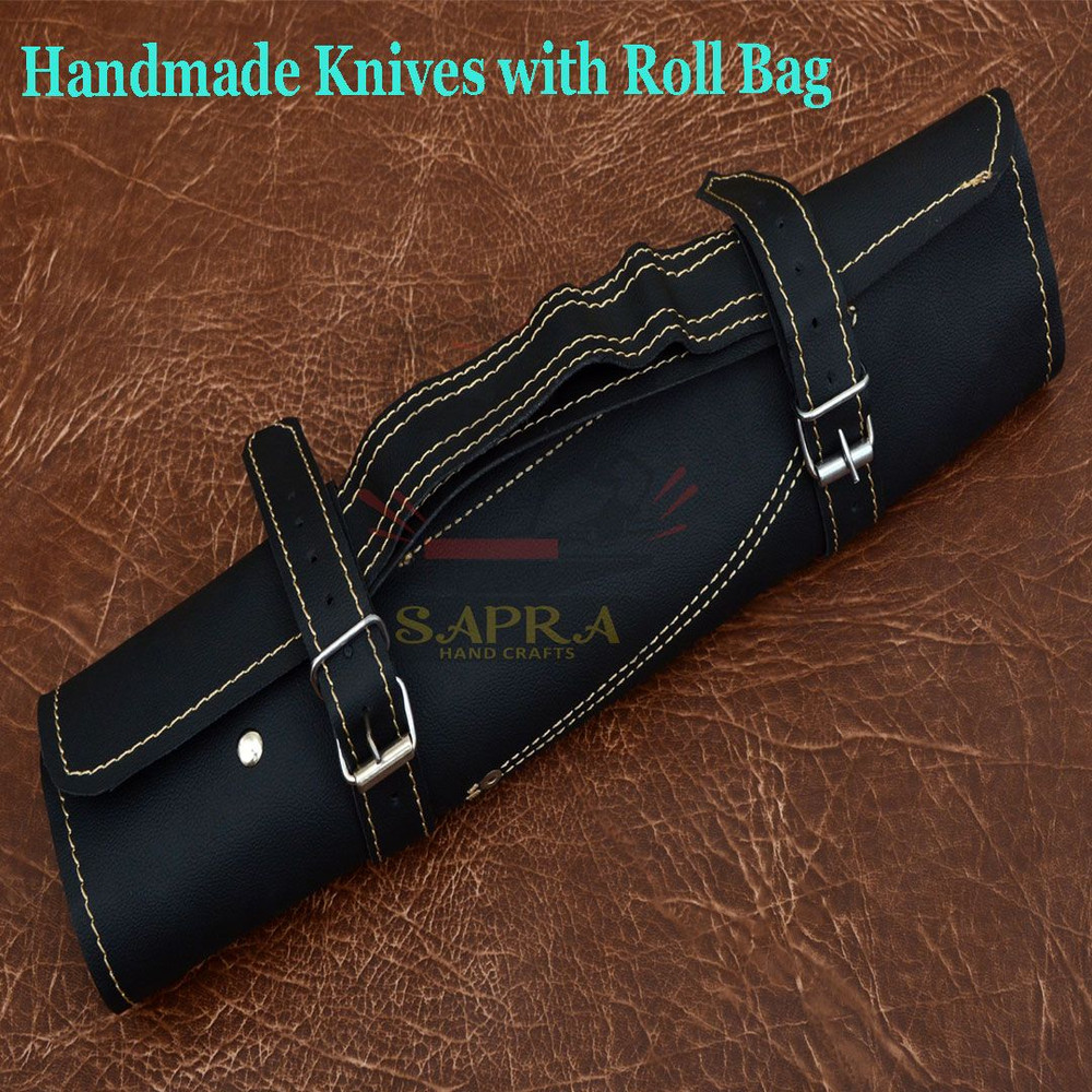 Handcrafted 3Piece Damascus Steel Kitchen Knife Set With Leather Roll Bag 4