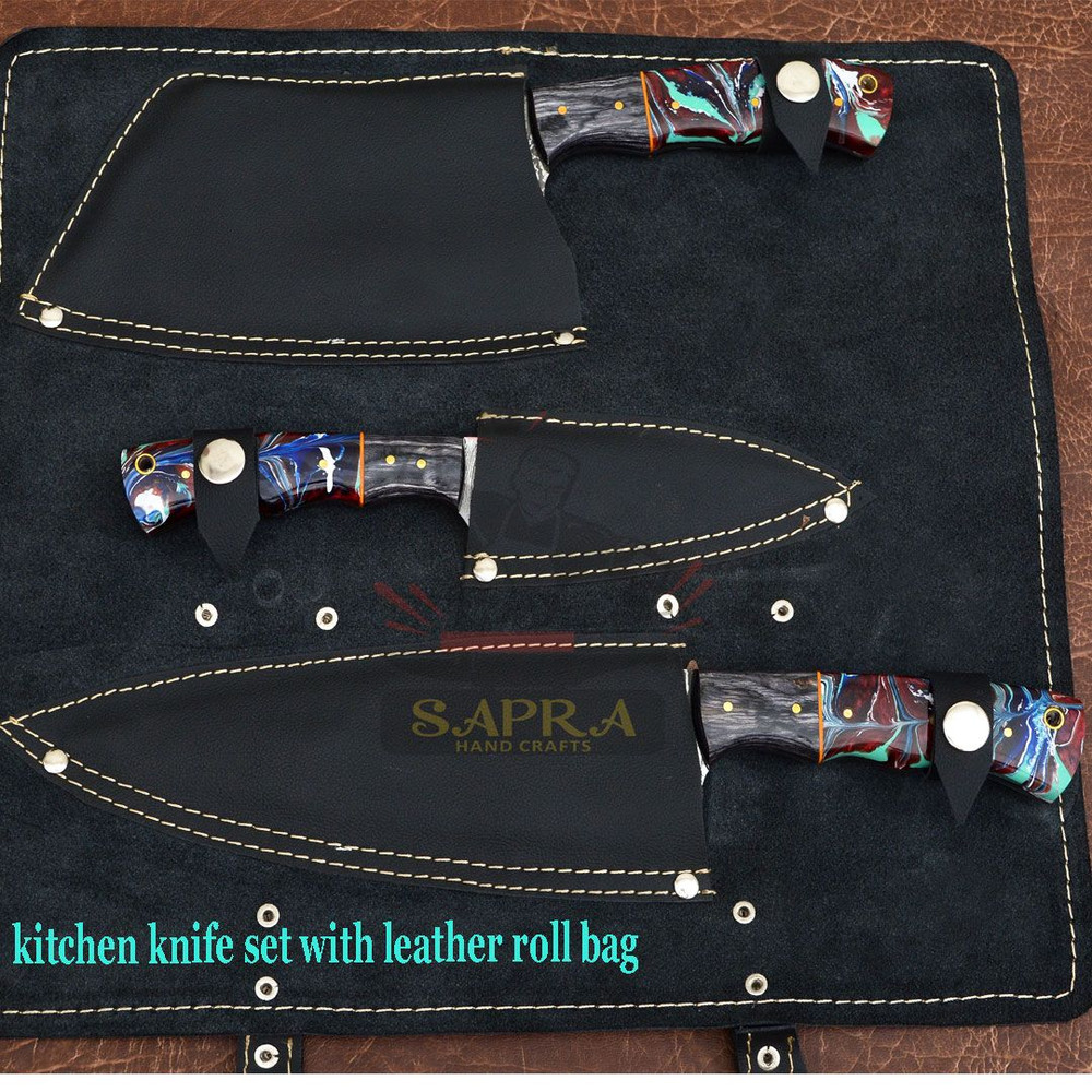 Handcrafted 3Piece Damascus Steel Kitchen Knife Set With Leather Roll Bag 5