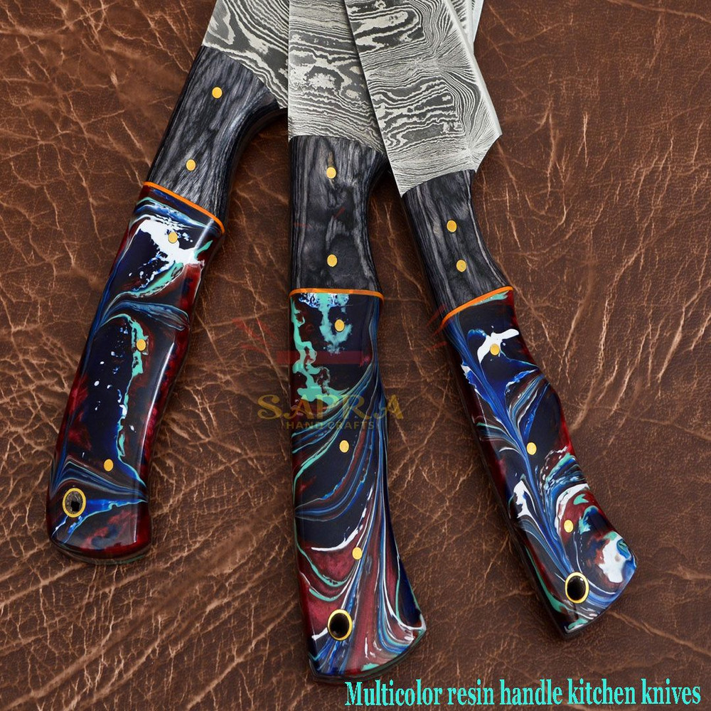 Handcrafted 3Piece Damascus Steel Kitchen Knife Set With Leather Roll Bag 6