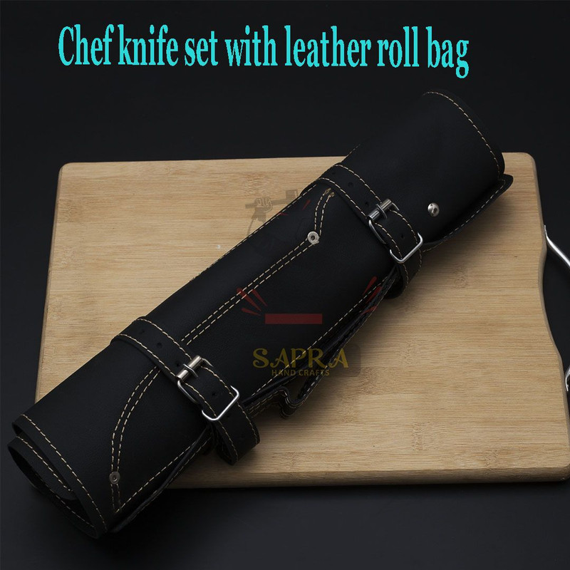 Chef knife set with leather roll bag