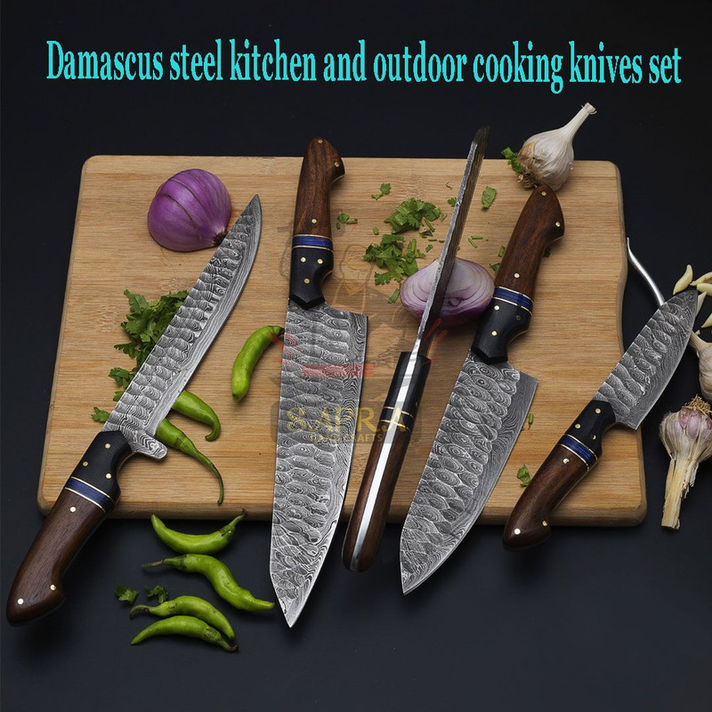 Damascus steel kitchen and outdoor cooking knives set