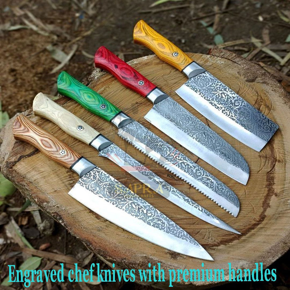 Engraved chef knives with premium handles