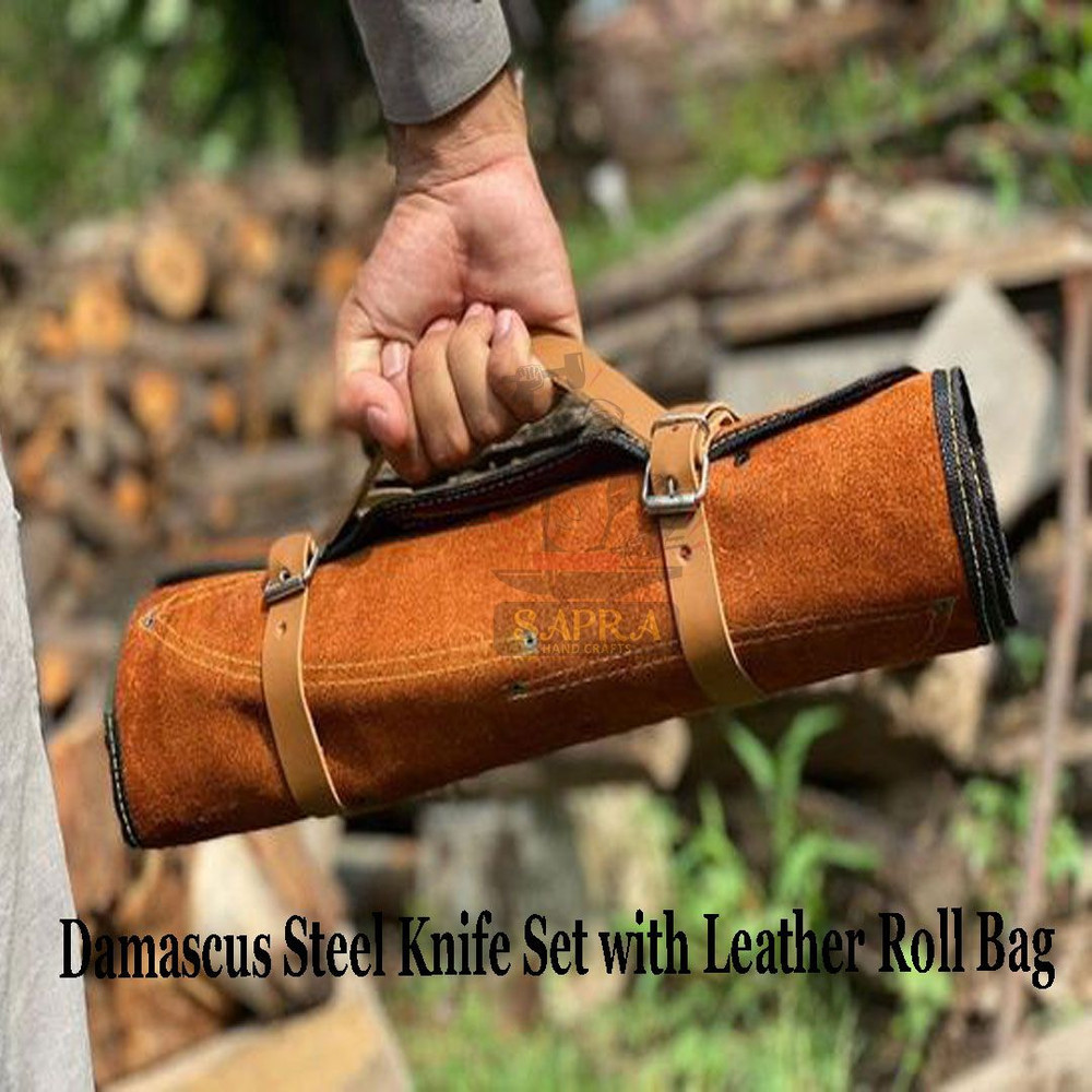 Damascus Steel Knife Set with Leather Roll Bag