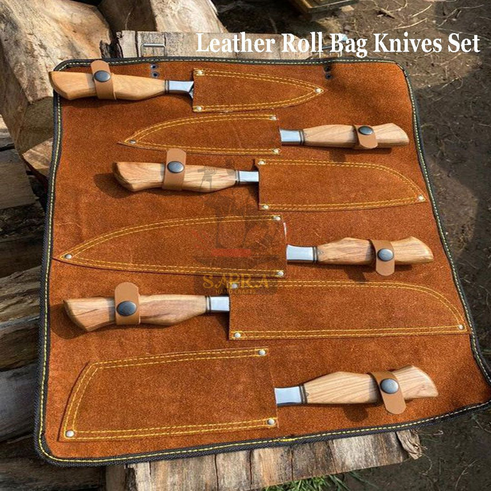 Leather Roll Bag Knives Set