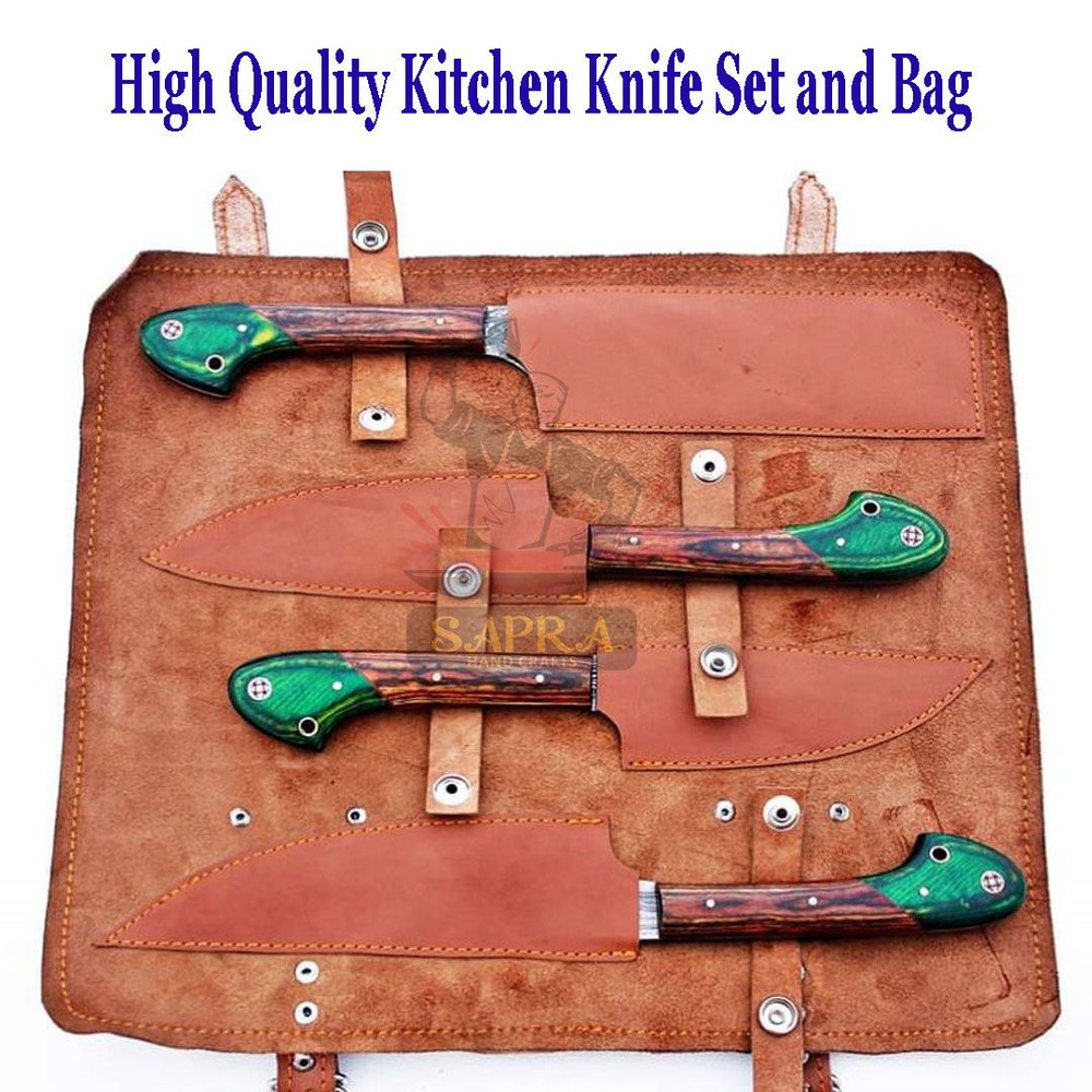 Damascus Steel Handmade Forged Kitchen Chef Outdoor BBQ Knives Set With Leather Bag 1
