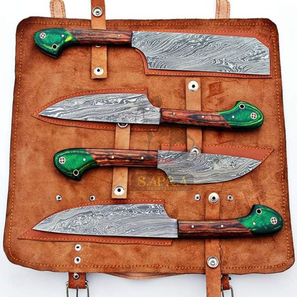 Damascus Steel Handmade Forged Kitchen Chef Outdoor BBQ Knives Set With Leather Bag 0