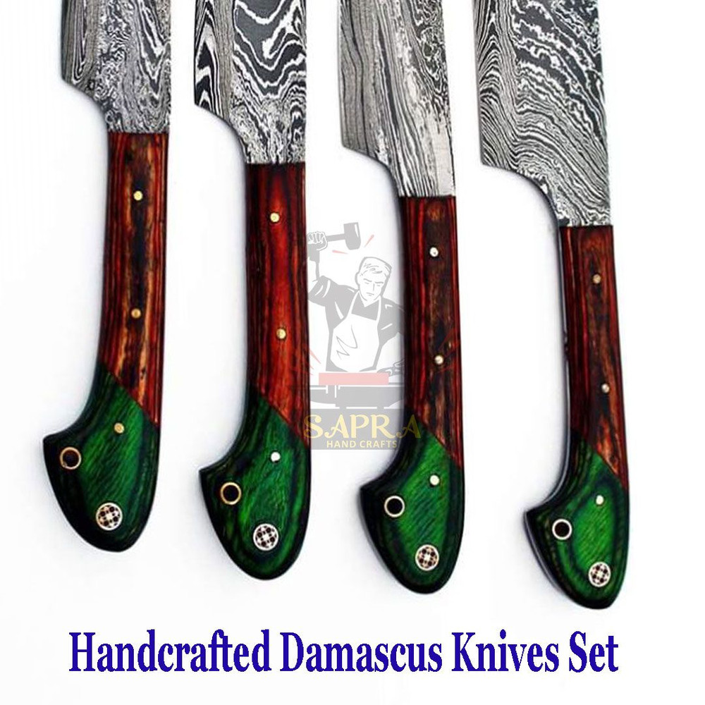 Damascus Steel Handmade Forged Kitchen Chef Outdoor BBQ Knives Set With Leather Bag 4