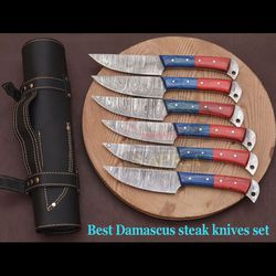 6-piece damascus steel steak knife set with leather roll bag