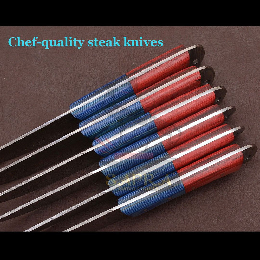 6Piece Damascus Steel Steak Knife Set With Leather Roll Bag 8