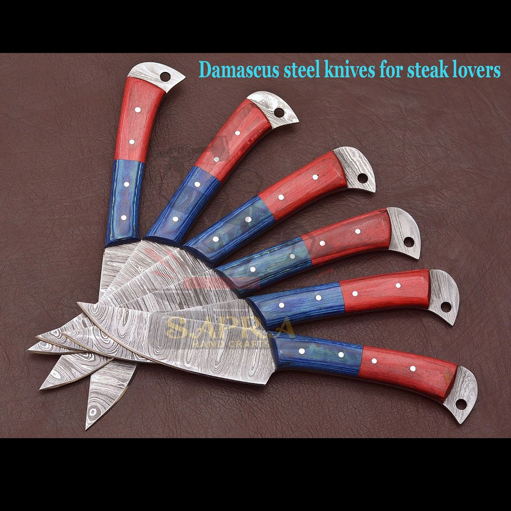 6Piece Damascus Steel Steak Knife Set With Leather Roll Bag 7