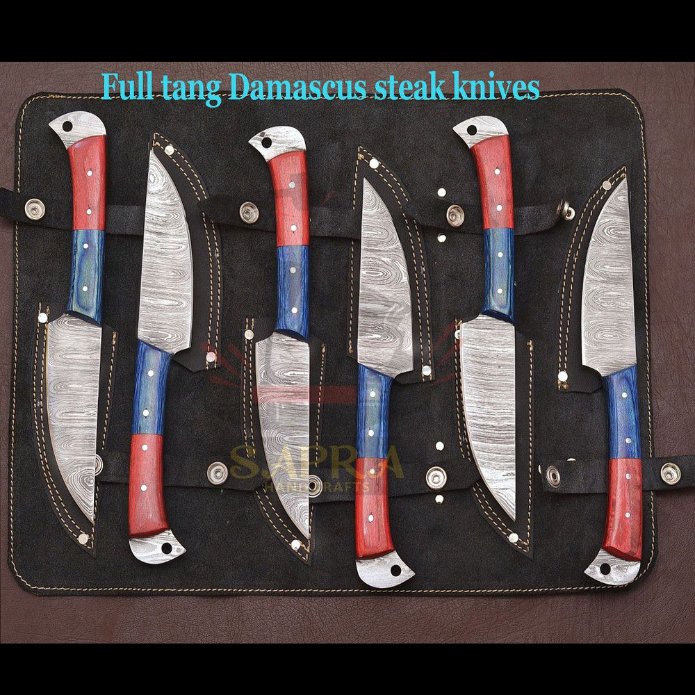 6Piece Damascus Steel Steak Knife Set With Leather Roll Bag 2
