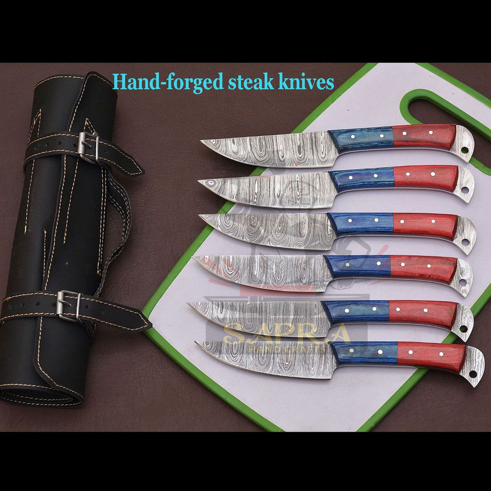 6Piece Damascus Steel Steak Knife Set With Leather Roll Bag 5