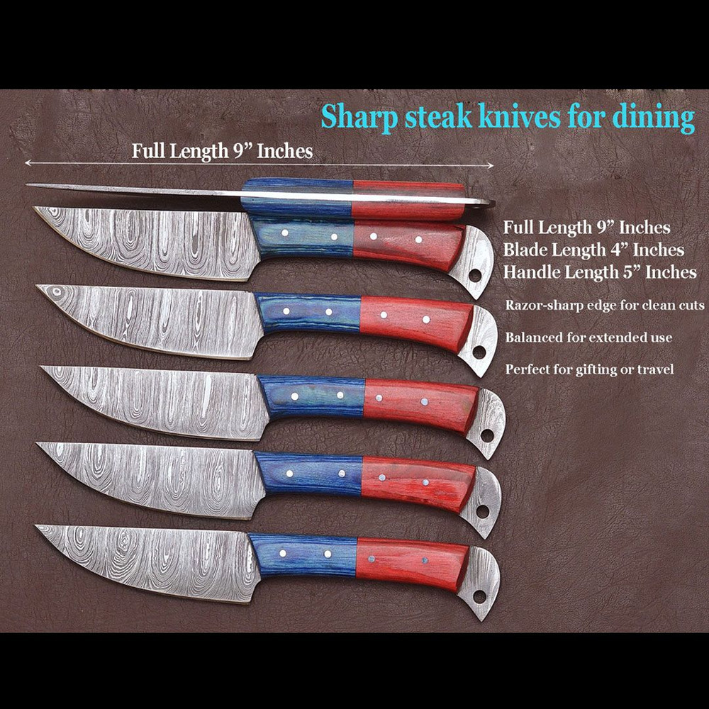 6Piece Damascus Steel Steak Knife Set With Leather Roll Bag 1