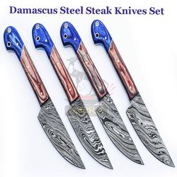 handcrafted 4-piece damascus steel steak knives set | best steak knives for dining