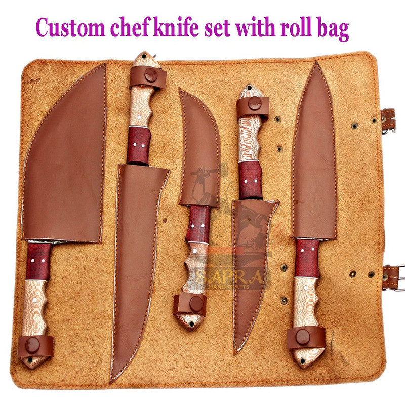 Custom Handmade Damascus Steel Kitchen Knife Set With Leather Roll Bag 3