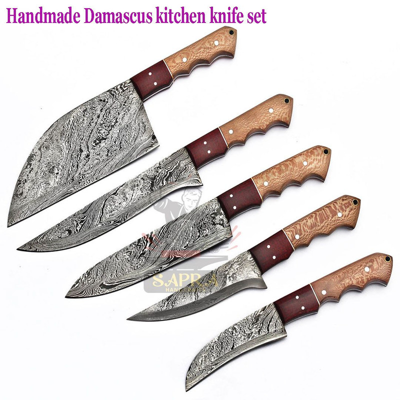 Custom Handmade Damascus Steel Kitchen Knife Set With Leather Roll Bag 1