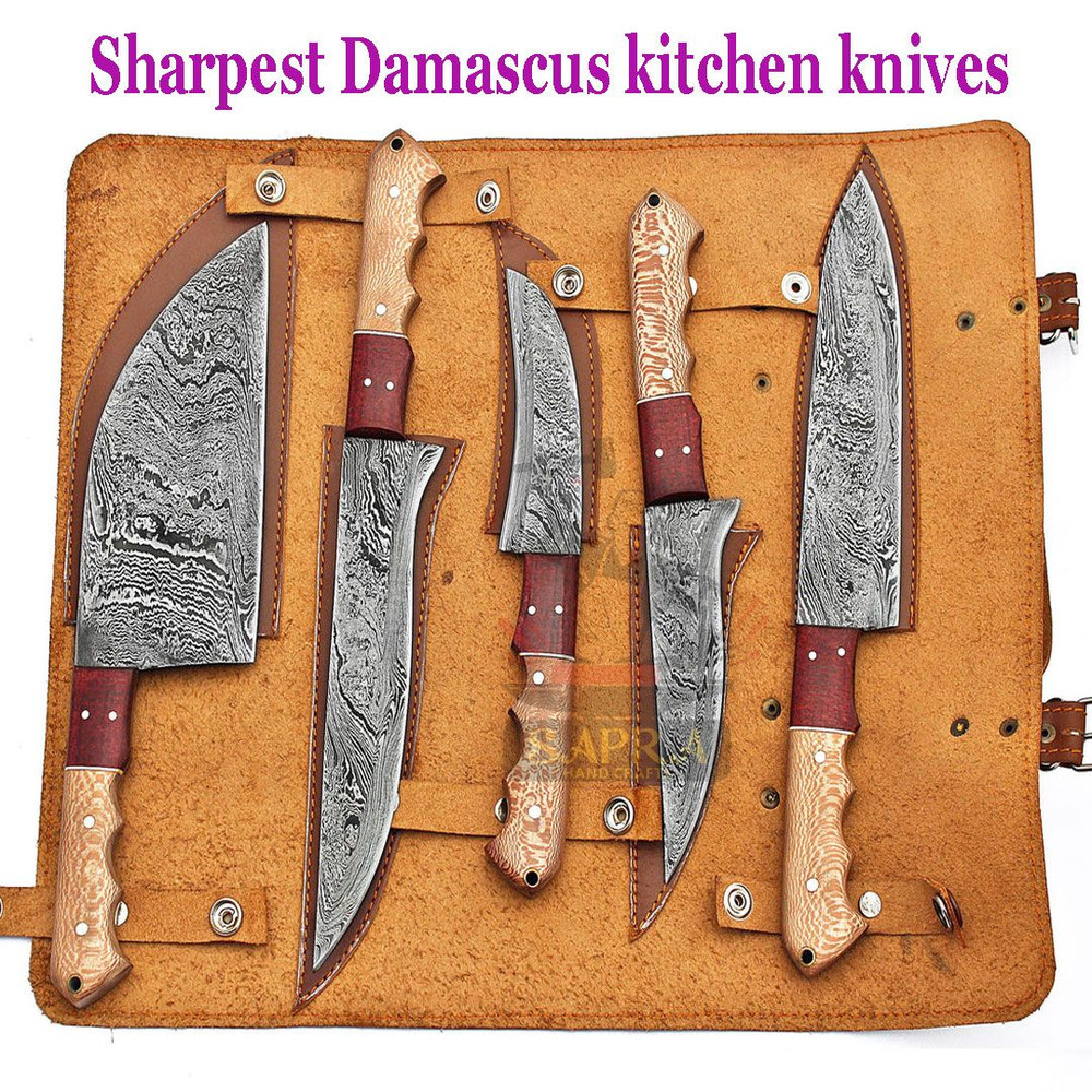 Custom Handmade Damascus Steel Kitchen Knife Set With Leather Roll Bag 2
