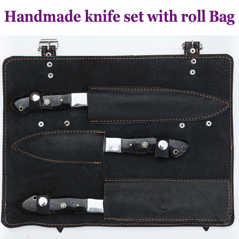 3Piece Custom Handmade Damascus Steel Chef Knife Set With Leather Roll Bag 1